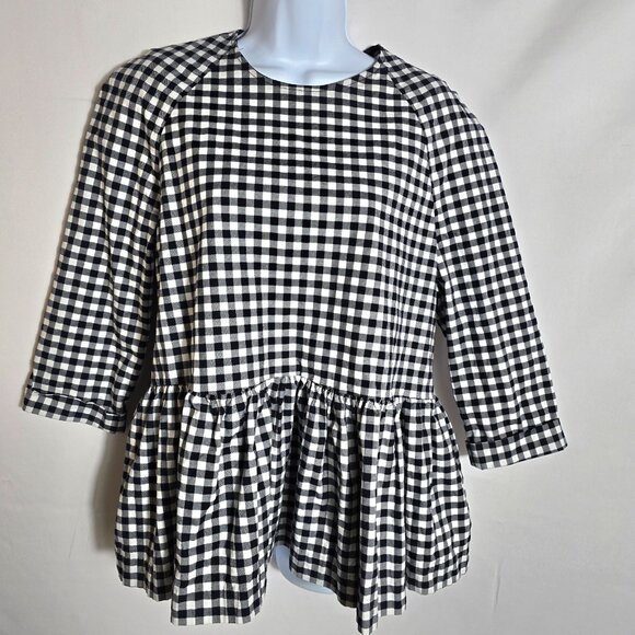 Victoria Beckham Top/Blouse Sz M Gingham Plaid Black and White Peplum Preppy - Picture 2 of 8